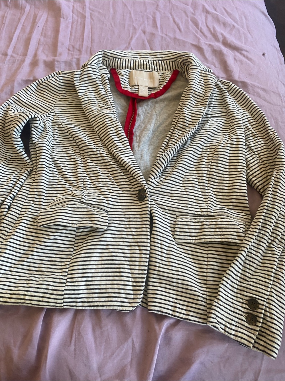 Banana Republic Ivory and Black Striped Shawl-Collar Blazer with Red Trim